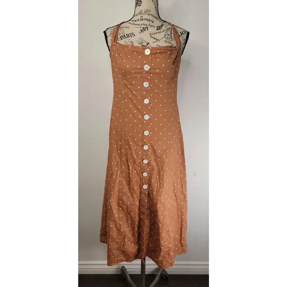We Wore What Halter Button Up Midi Dress SZ 6 Micro Polka Biscotti Cottagecore_3